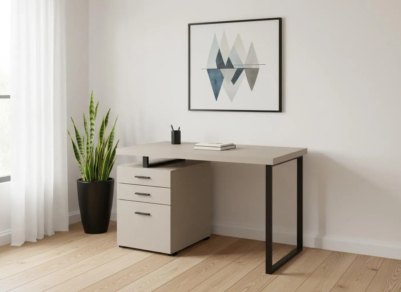 47" Taupe and Black Wood and Metal Sled Computer Desk With Three Drawers Homeroots Office