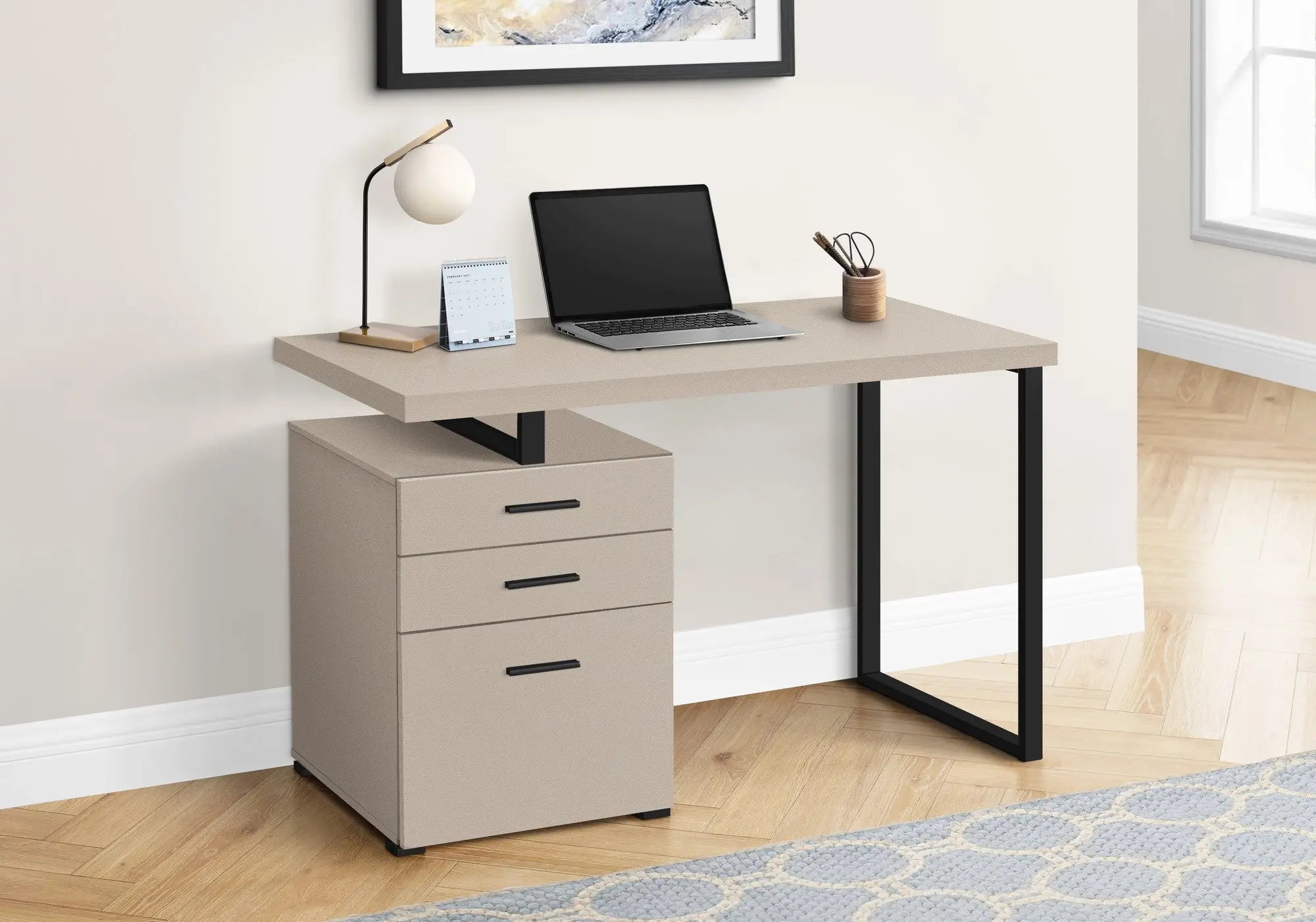 47" Taupe and Black Wood and Metal Sled Computer Desk With Three Drawers Homeroots Office