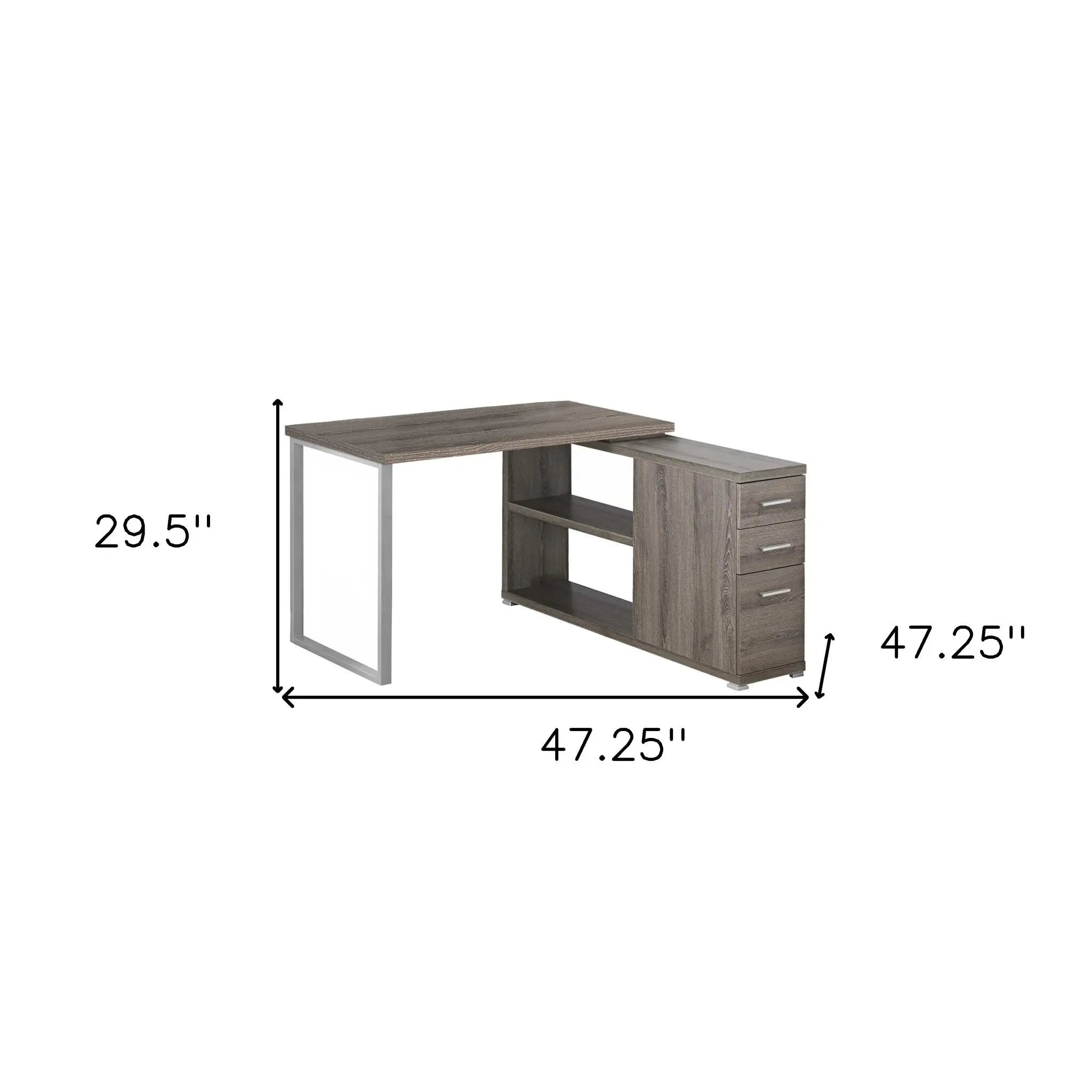 47" Taupe and Silver L Shape Computer Desk With Three Drawers - GreatEagleInc