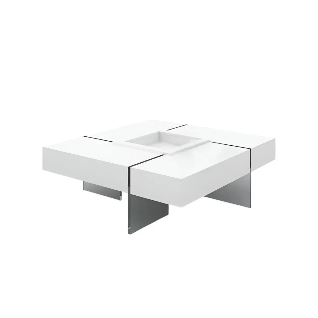 47" White And Clear Wood And Glass Square Sled Coffee Table Homeroots Living Room