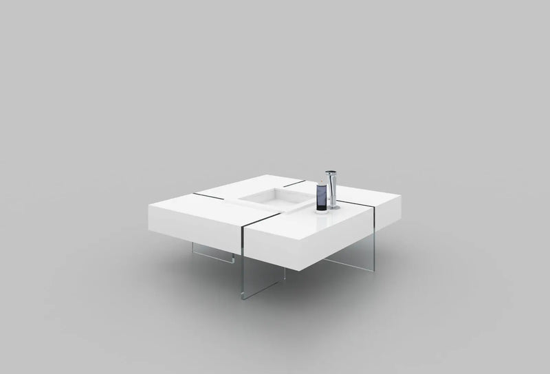 47" White And Clear Wood And Glass Square Sled Coffee Table Homeroots Living Room