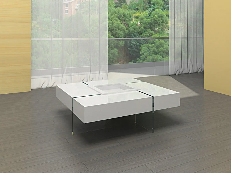 47" White And Clear Wood And Glass Square Sled Coffee Table Homeroots Living Room