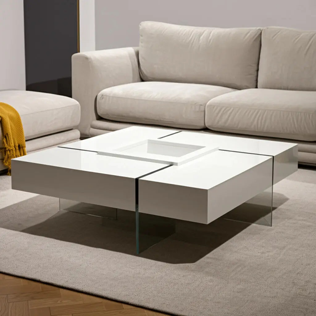 47" White And Clear Wood And Glass Square Sled Coffee Table Homeroots Living Room