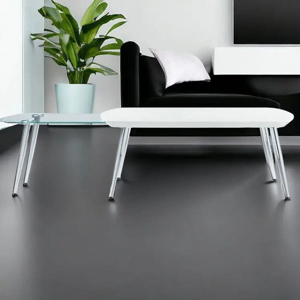 47" White Clear and Silver Wood And Glass And Metal Coffee Table - GreatEagleInc