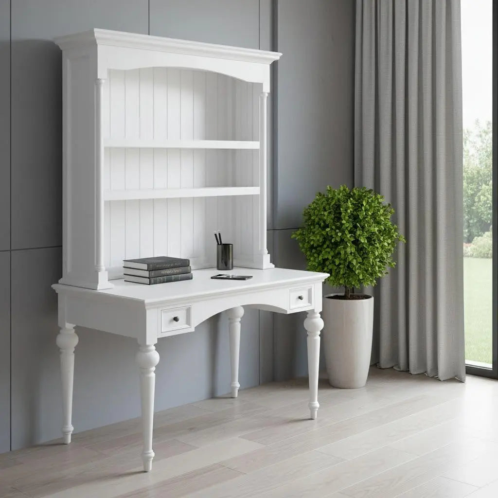 47" White Solid Wood Computer Desk With Hutch With Two Drawers Homeroots Office