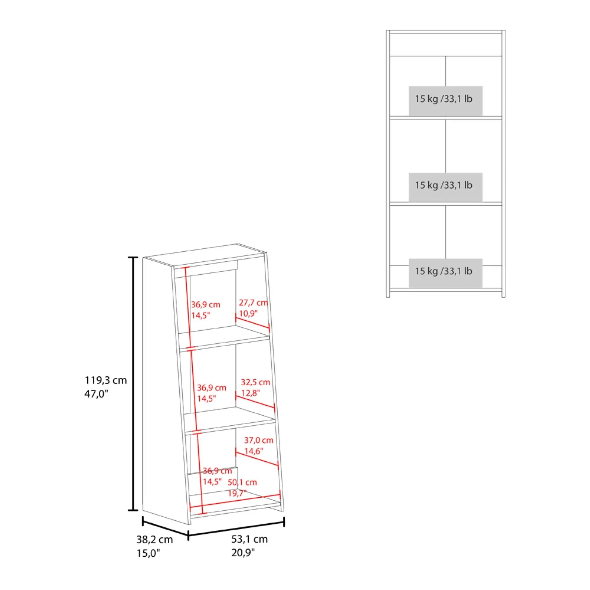 47" White Wood Three Tier Bookcase Homeroots Office