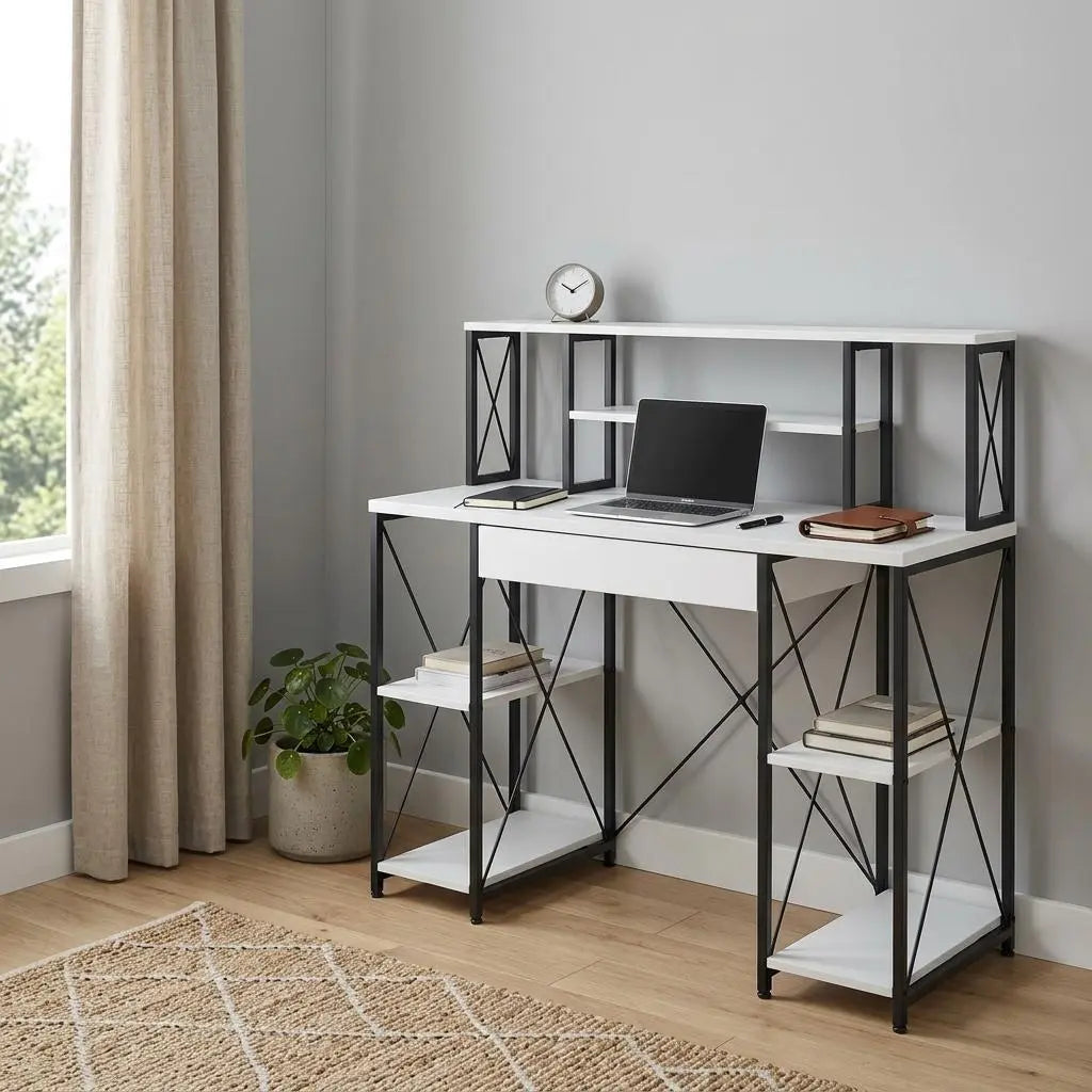Modern white and black metal desk with shelves, featuring a minimalist design, perfect for home office decor.