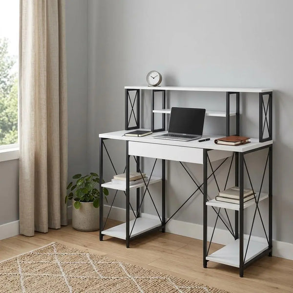 Modern white and black metal desk with shelves, featuring a minimalist design, perfect for home office decor.