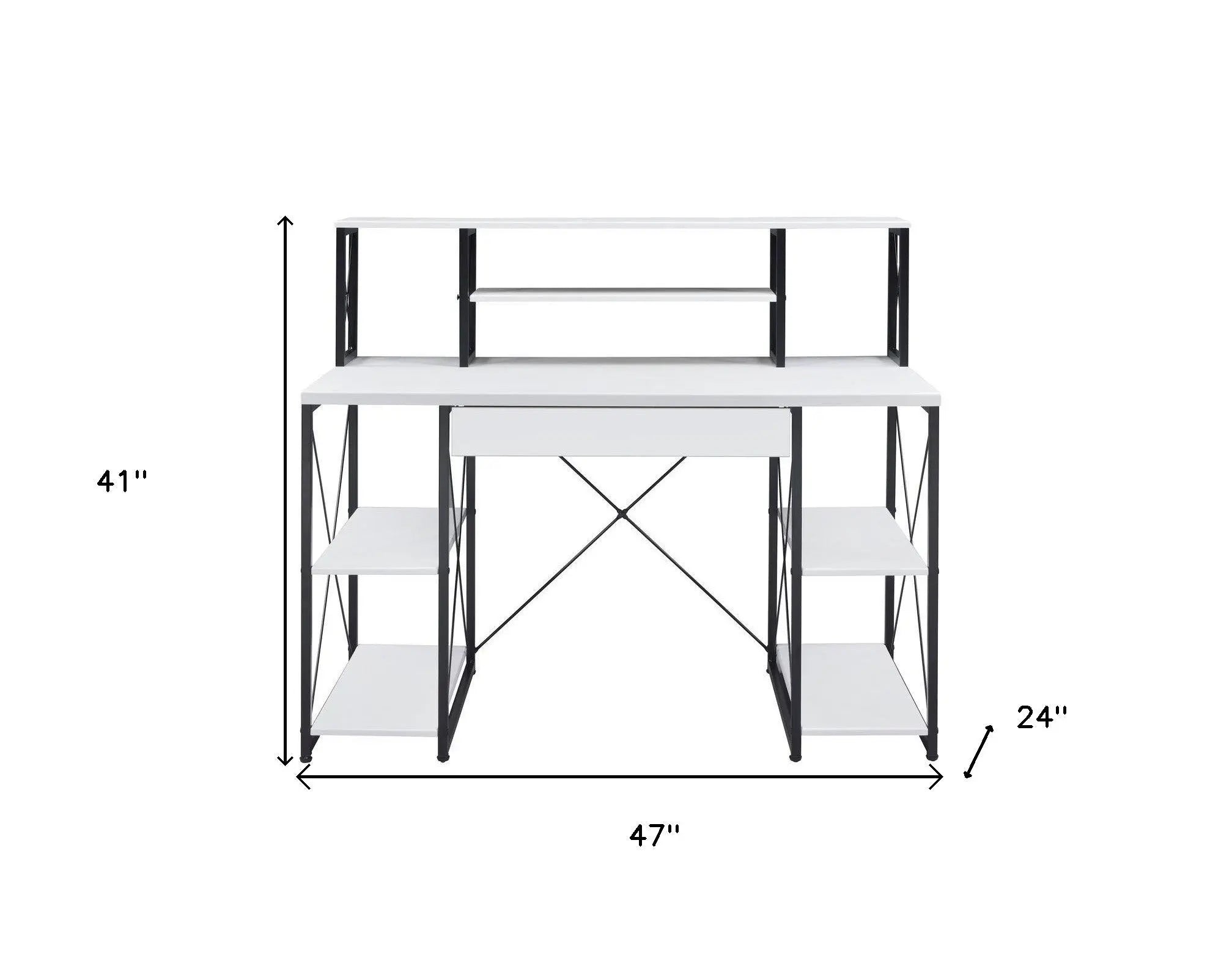 White modern desk with black metal frame, featuring a top shelf and two side shelves, ideal for home office setup.