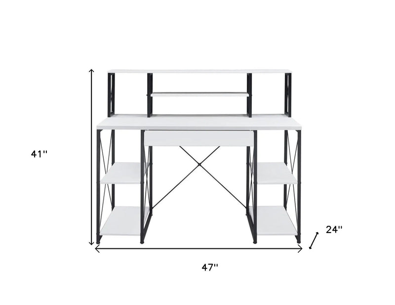 White modern desk with black metal frame, featuring a top shelf and two side shelves, ideal for home office setup.
