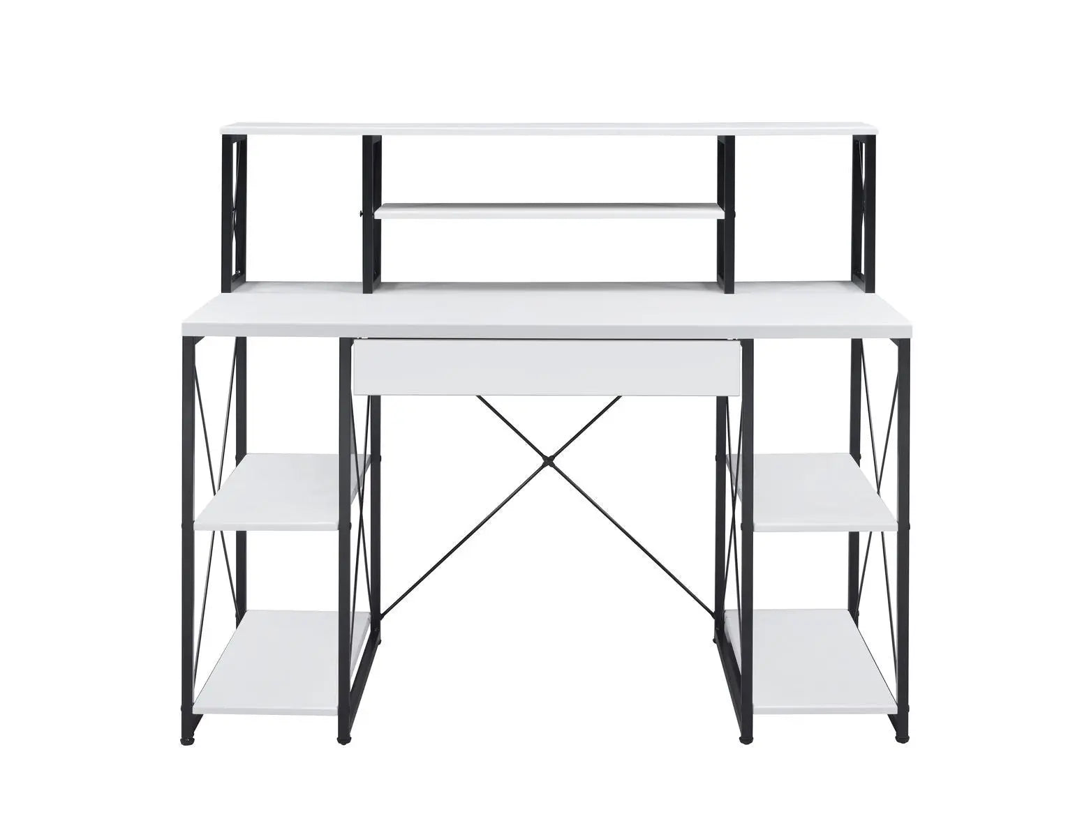 White modern desk with metal frame and black accents, featuring shelves and a central drawer for storage.
