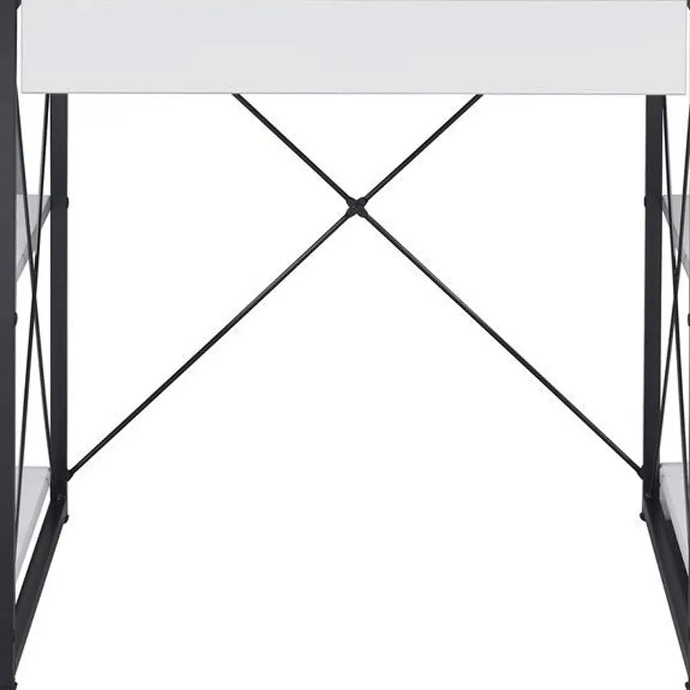 White modern desk with black metal frame and crossbar support, perfect for home office or workspace.