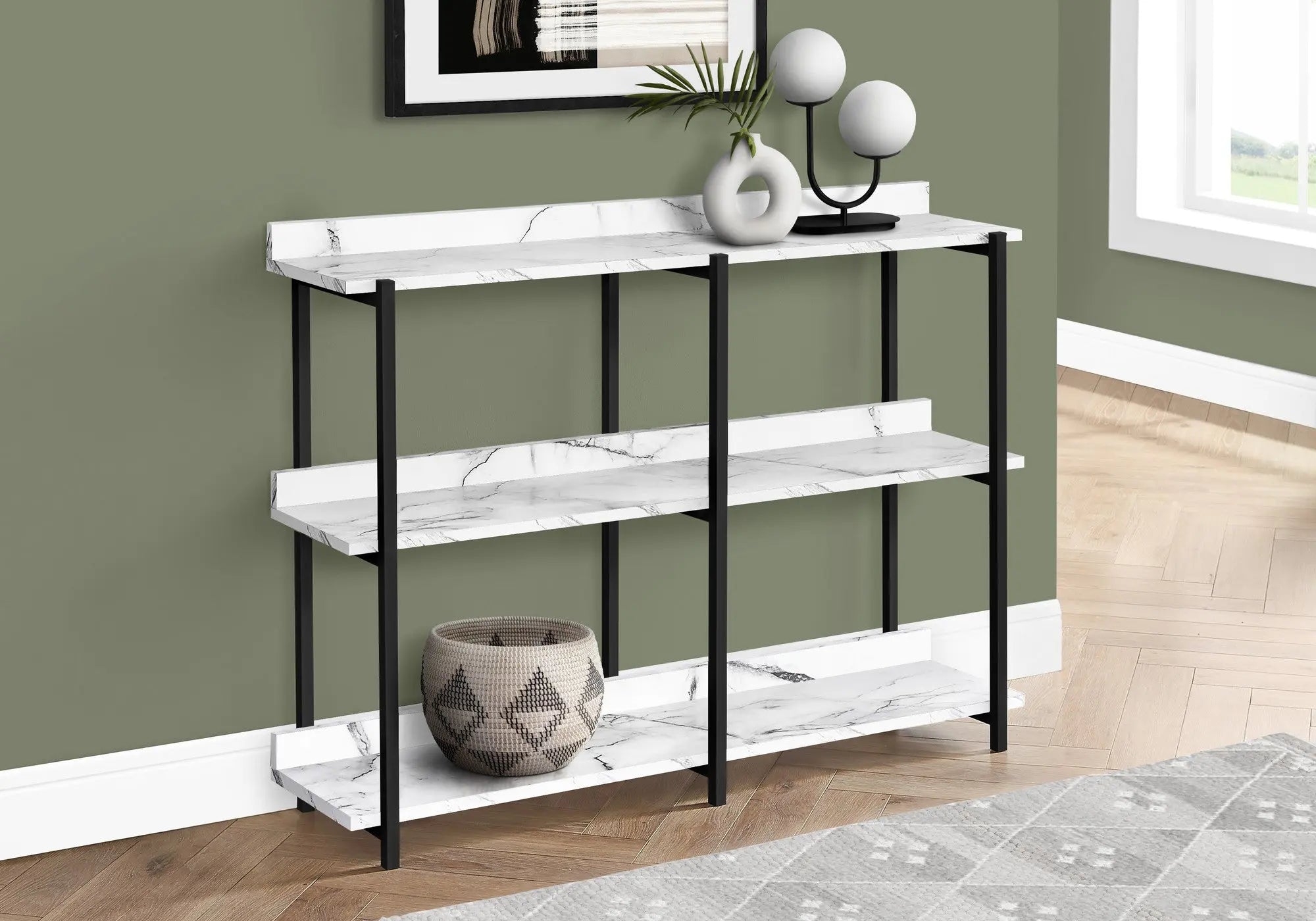 47" White and Black Wood and Metal Faux Marble Console Table With Three Shelves Homeroots Living Room