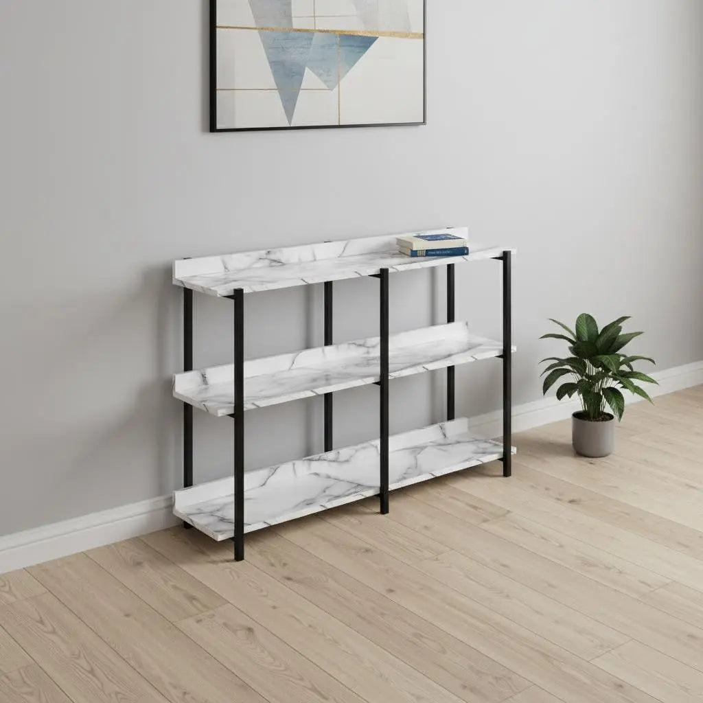 47" White and Black Wood and Metal Faux Marble Console Table With Three Shelves Homeroots Living Room