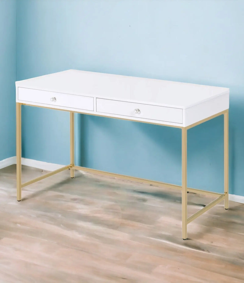 47" White and Gold Computer Desk With Two Drawers - GreatEagleInc
