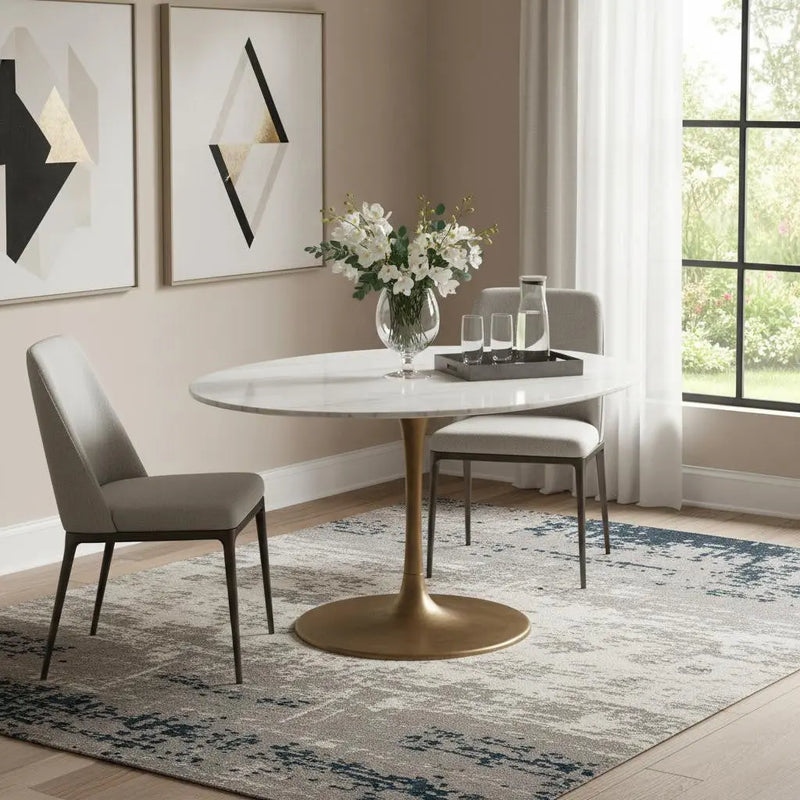 47" White and Gold Marble and Steel Pedestal Base Round Top Dining Table Homeroots Kitchen & Dining