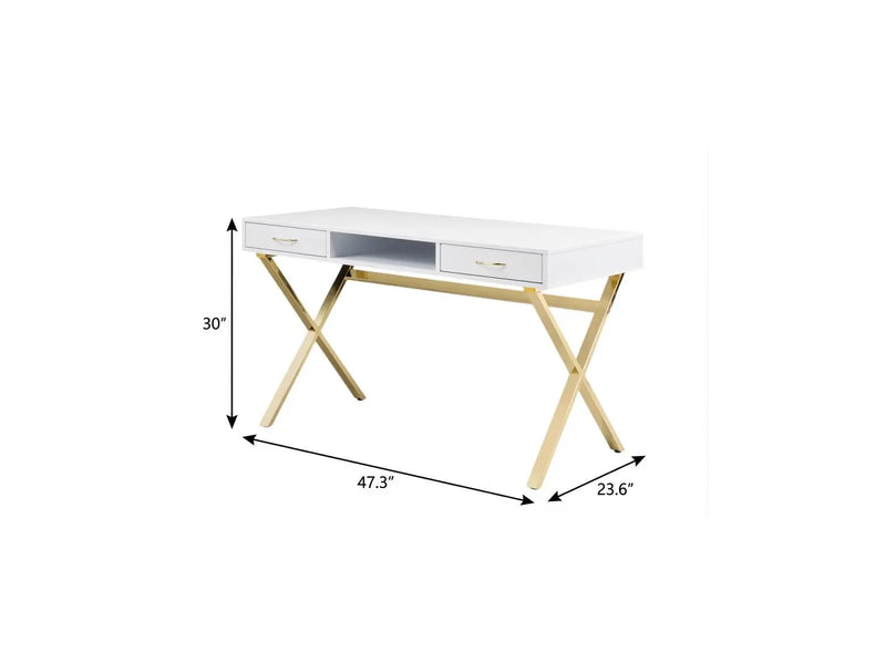 47" White and Gold Wood and Metal Computer Desk With Two Drawers Homeroots Office