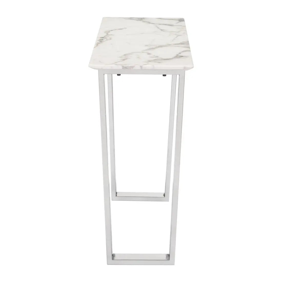 47" White and Silver Faux Marble and Stainless Steel Sled Console Table Homeroots Living Room
