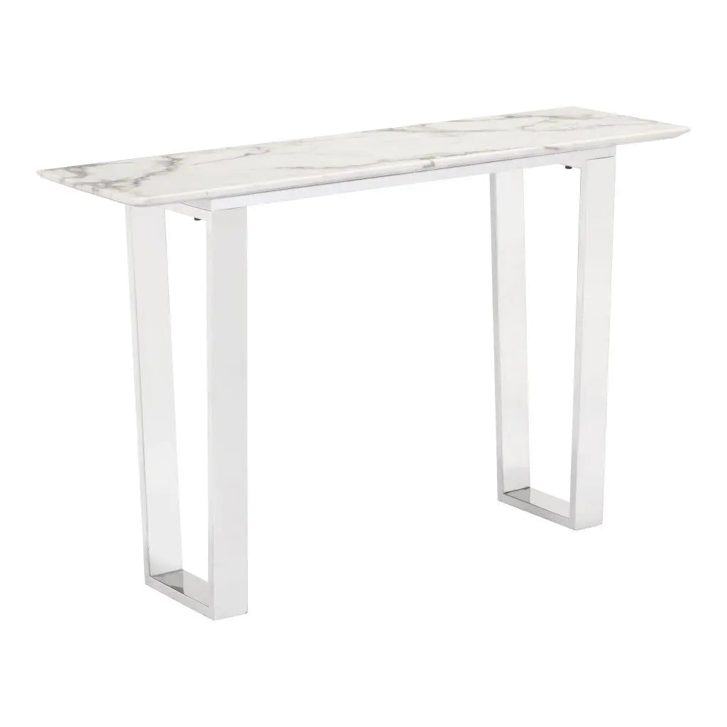47" White and Silver Faux Marble and Stainless Steel Sled Console Table Homeroots Living Room