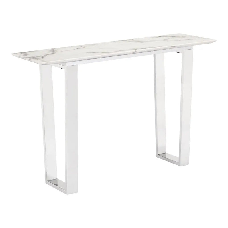 47" White and Silver Faux Marble and Stainless Steel Sled Console Table Homeroots Living Room