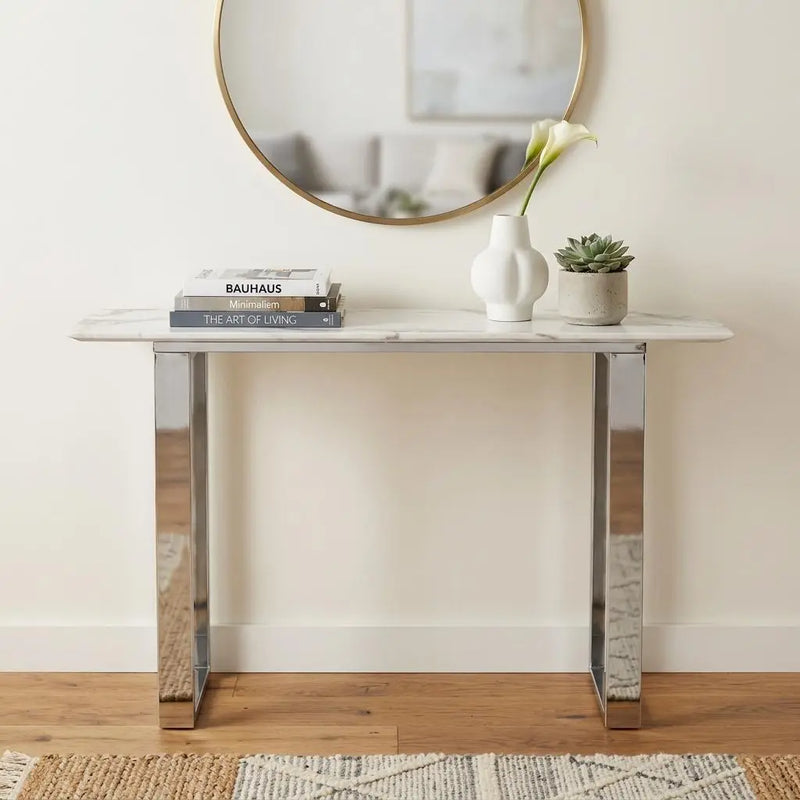 47" White and Silver Faux Marble and Stainless Steel Sled Console Table Homeroots Living Room