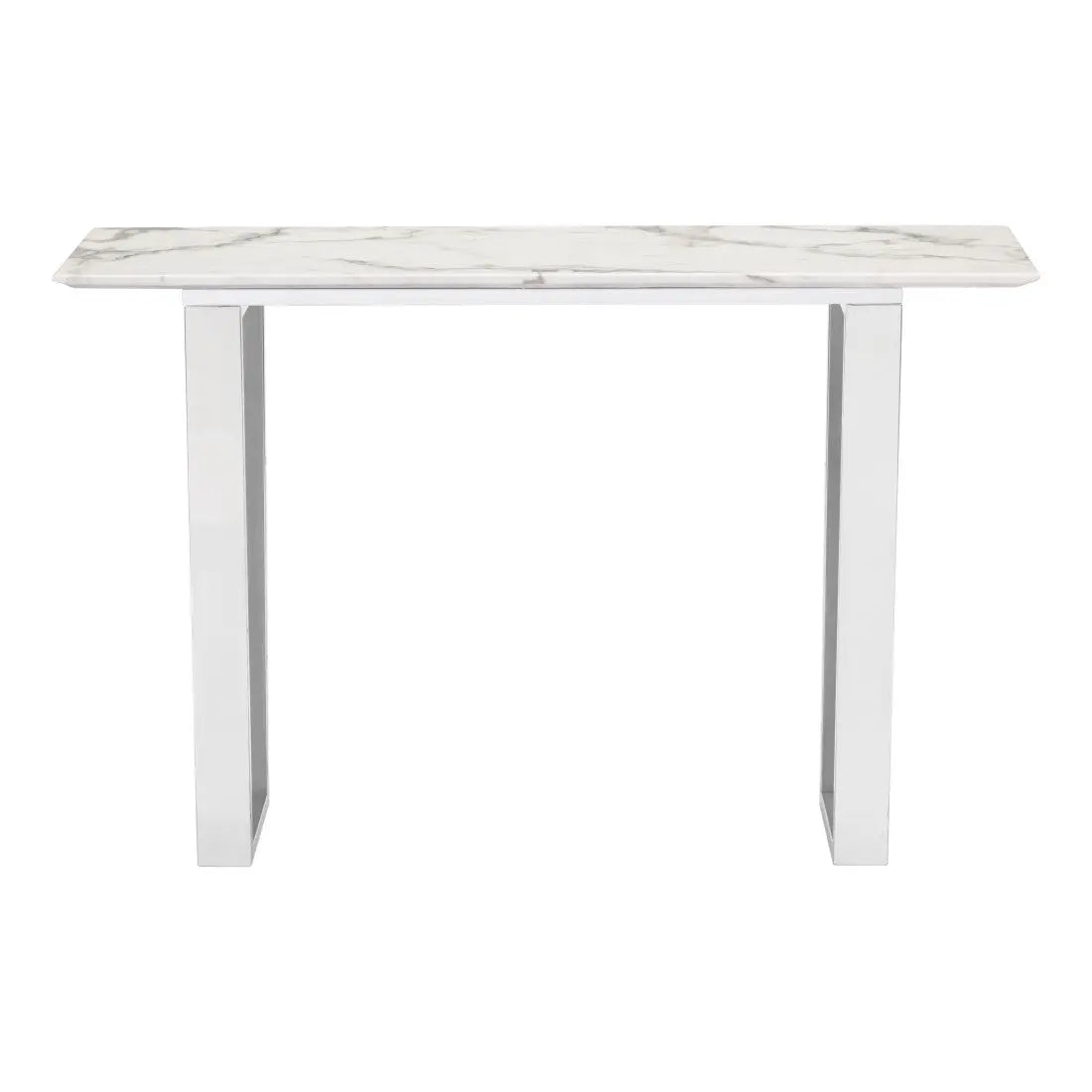 47" White and Silver Faux Marble and Stainless Steel Sled Console Table Homeroots Living Room