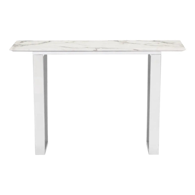 47" White and Silver Faux Marble and Stainless Steel Sled Console Table Homeroots Living Room