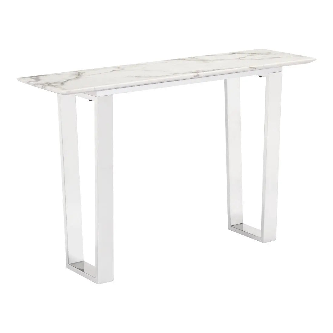 47" White and Silver Faux Marble and Stainless Steel Sled Console Table Homeroots Living Room