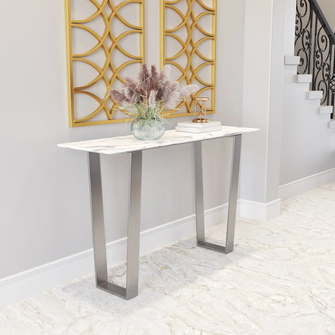 47" White and Silver Faux Marble and Stainless Steel Sled Console Table Homeroots Living Room