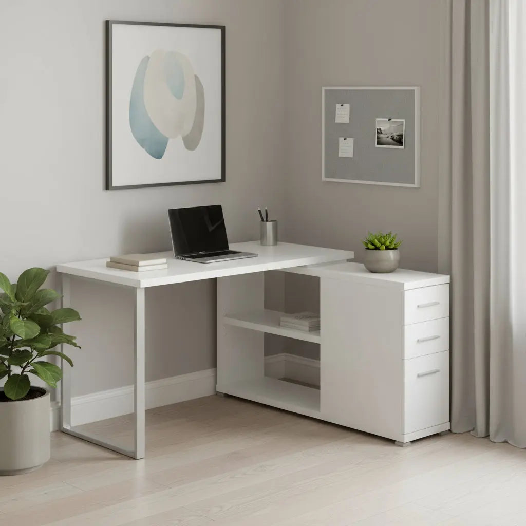 47" White and Silver L Shape Computer Desk With Three Drawers Homeroots Office