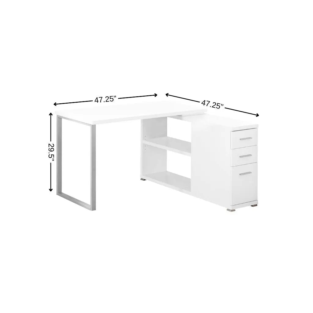 47" White and Silver L Shape Computer Desk With Three Drawers Homeroots Office