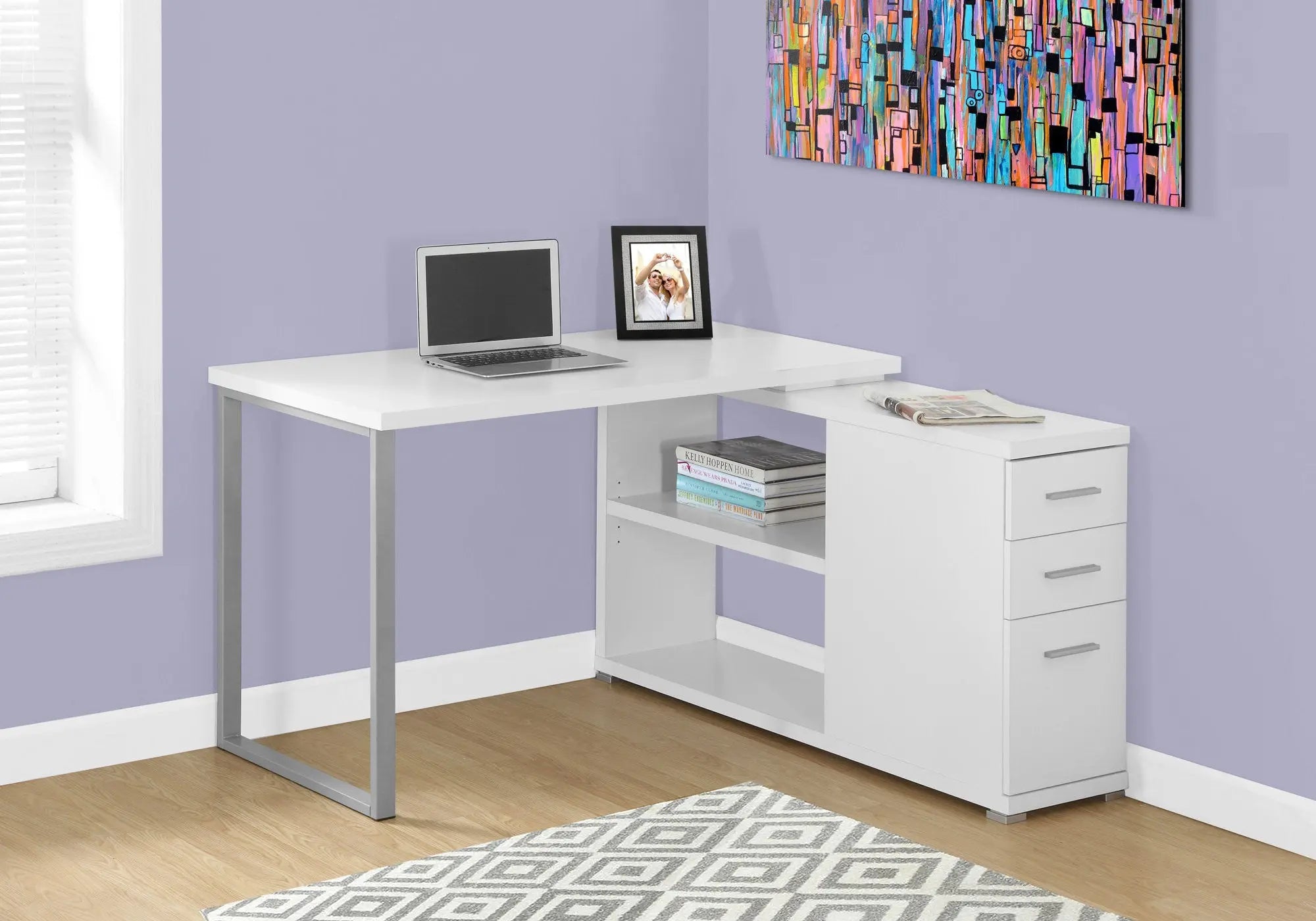 47" White and Silver L Shape Computer Desk With Three Drawers Homeroots Office