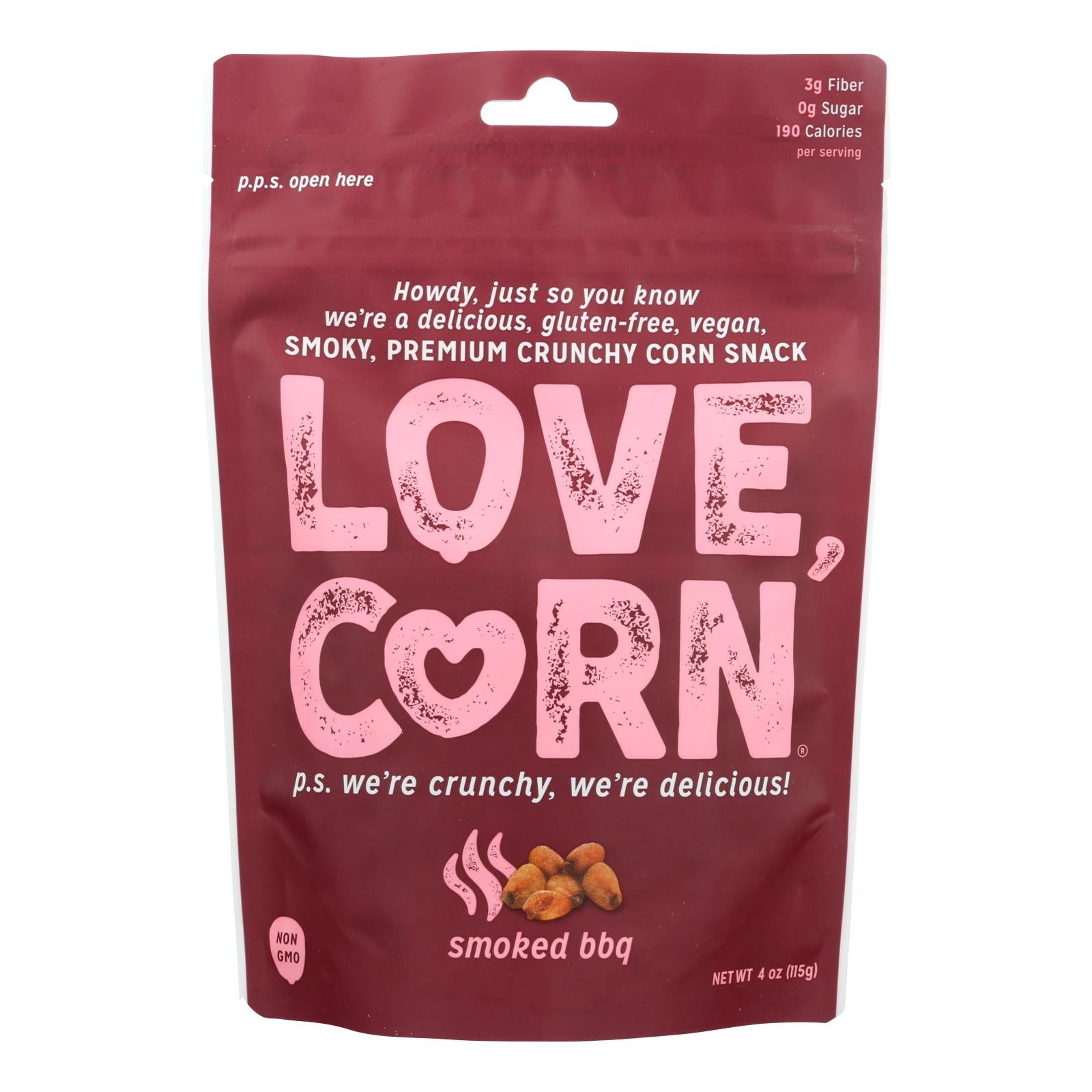 Love Corn® Smoky Premium Crunchy Corn Snack - Case Of 12 - 4 Oz - GreatEagleInc