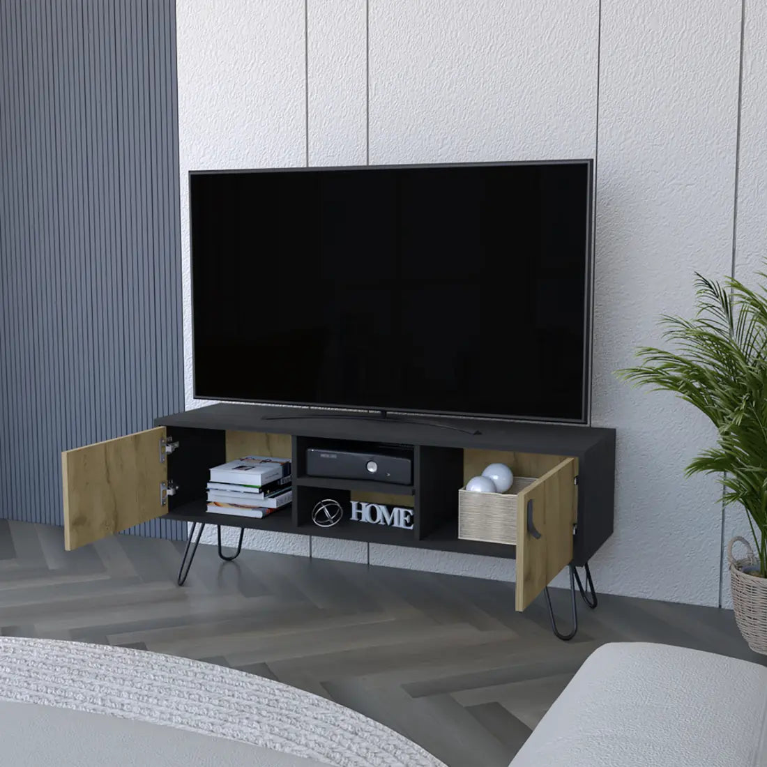 48" Beige and Black Cabinet Open And Enclosed Storage TV Stand Homeroots Living Room