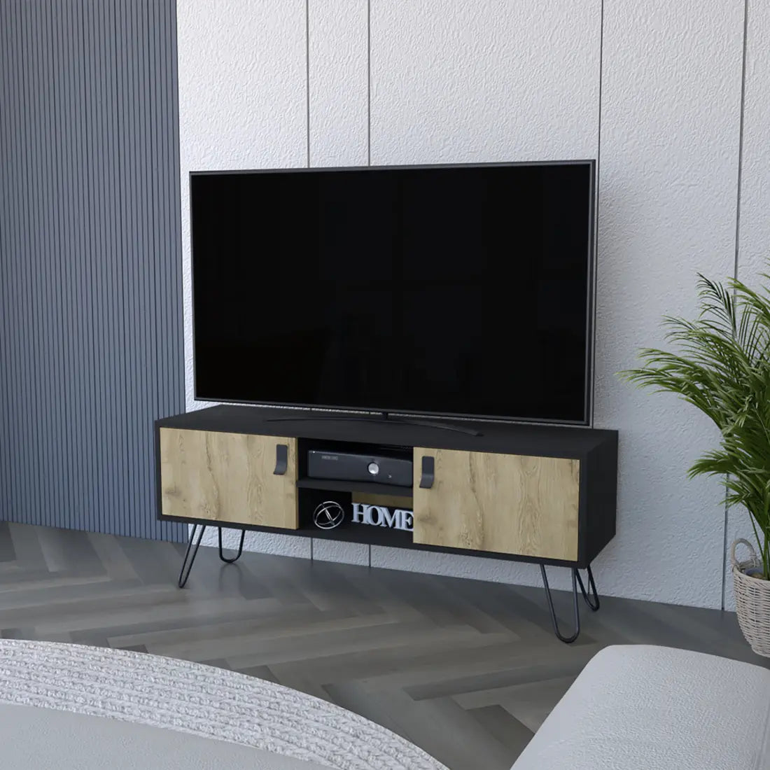 48" Beige and Black Cabinet Open And Enclosed Storage TV Stand Homeroots Living Room