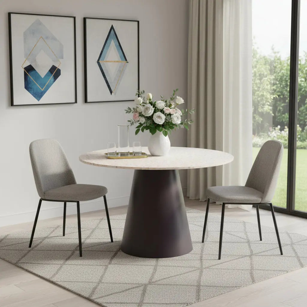 48" Beige and Black Wood and Steel Faux Terrazzo Round Top Dining Table Homeroots Kitchen & Dining