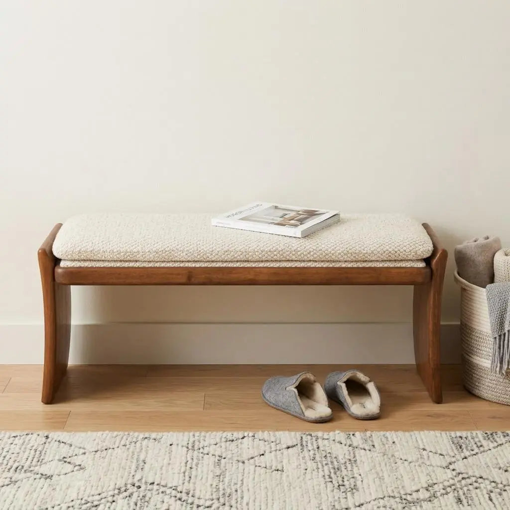 48" Beige and Brown Fabric and Solid Wood Upholstered Bench Homeroots Living Room