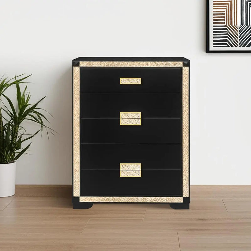 48" Black And Gold Faux Crystal Bling Wood Six Drawer Dresser Homeroots Bed & Bath