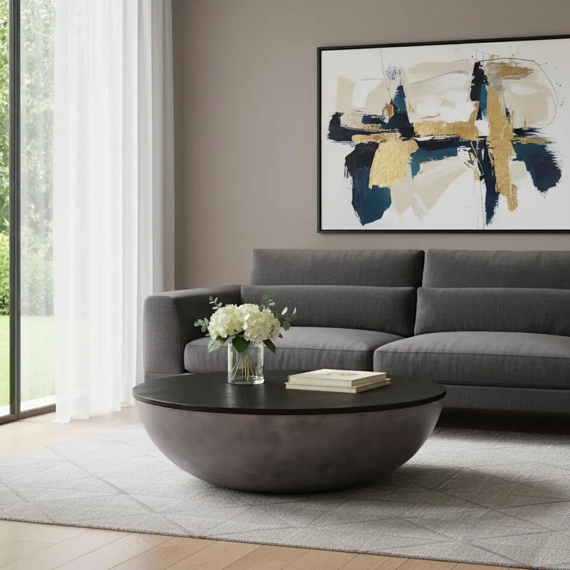 48" Black And Gray Solid Wood And Concrete Round Coffee Table Homeroots Living Room