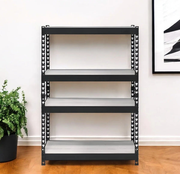 48" Black And Natural Metal and Wood Adjustable Four Tier Bookcase Homeroots Office