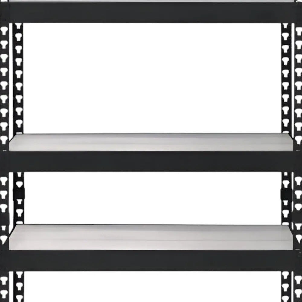 Black metal shelving unit with three sturdy gray shelves, ideal for storage and organization in garages or warehouses.