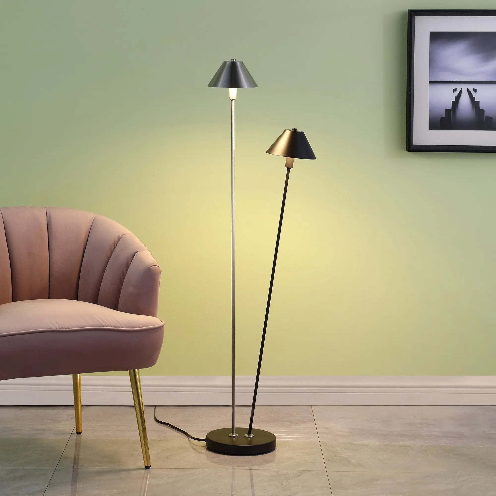 48" Black And Silver Two Light LED Novelty Floor Lamp With Black And Silver Metal Empire Shade Homeroots Lighting