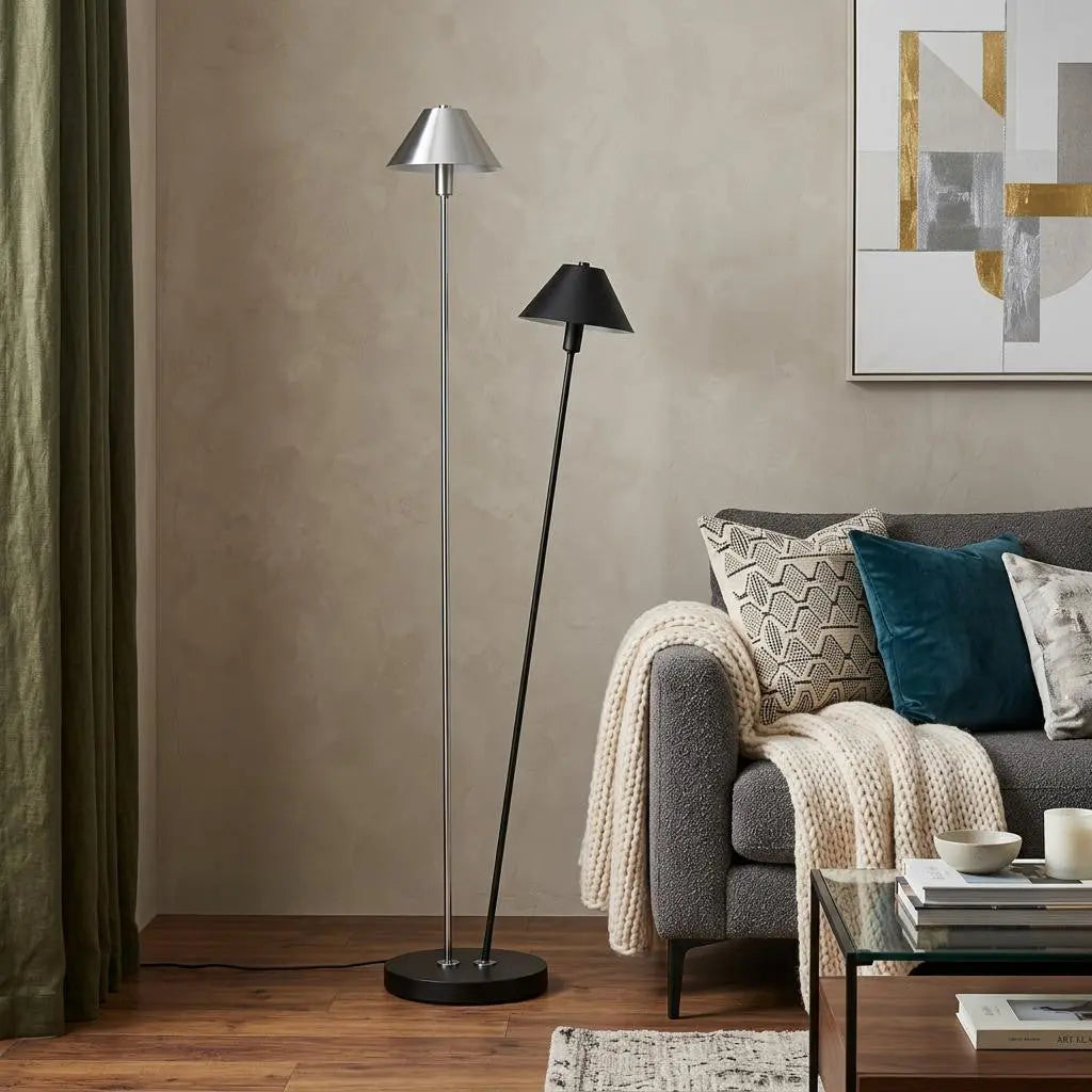 48" Black And Silver Two Light LED Novelty Floor Lamp With Black And Silver Metal Empire Shade Homeroots Lighting
