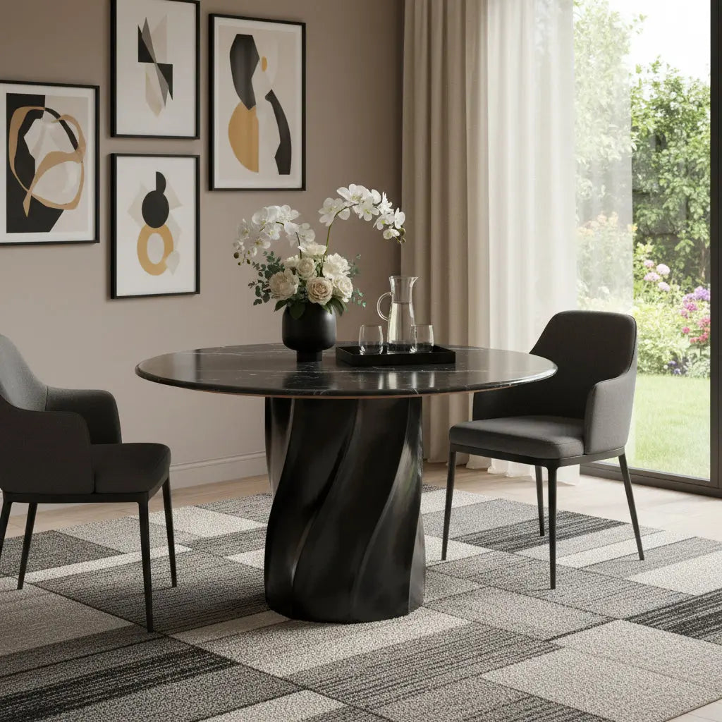 48" Black Marble and Wood Pedestal Base Round Top Dining Table Homeroots Kitchen & Dining