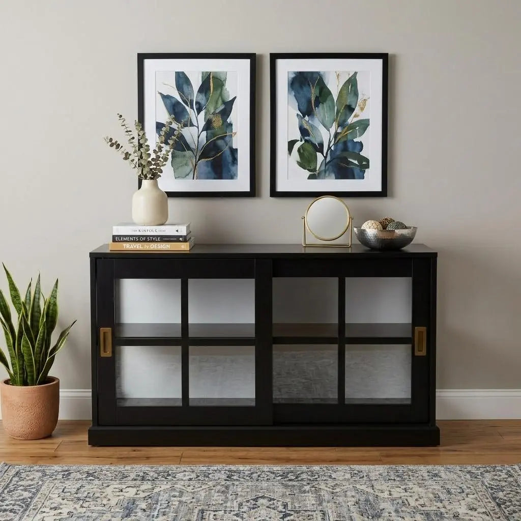 48" Black Sideboard with Two Glass Sliding Doors Homeroots Kitchen & Dining