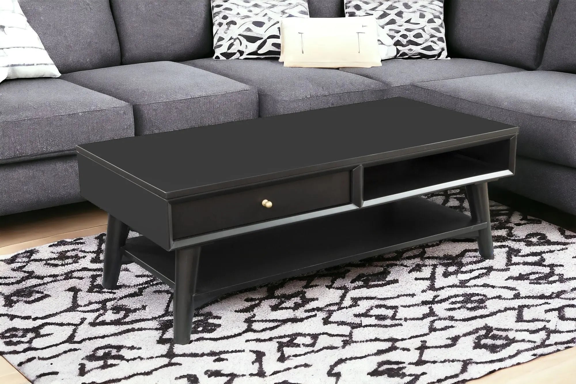 48" Black Solid And Manufactured Wood Coffee Table With Drawer - GreatEagleInc