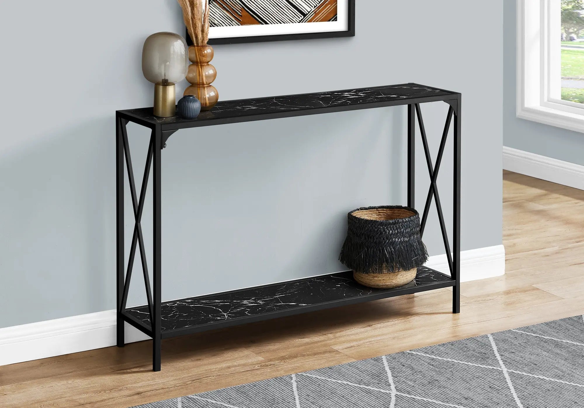 48" Black Wood and Metal Faux Marble Console Table With Shelf Homeroots Living Room