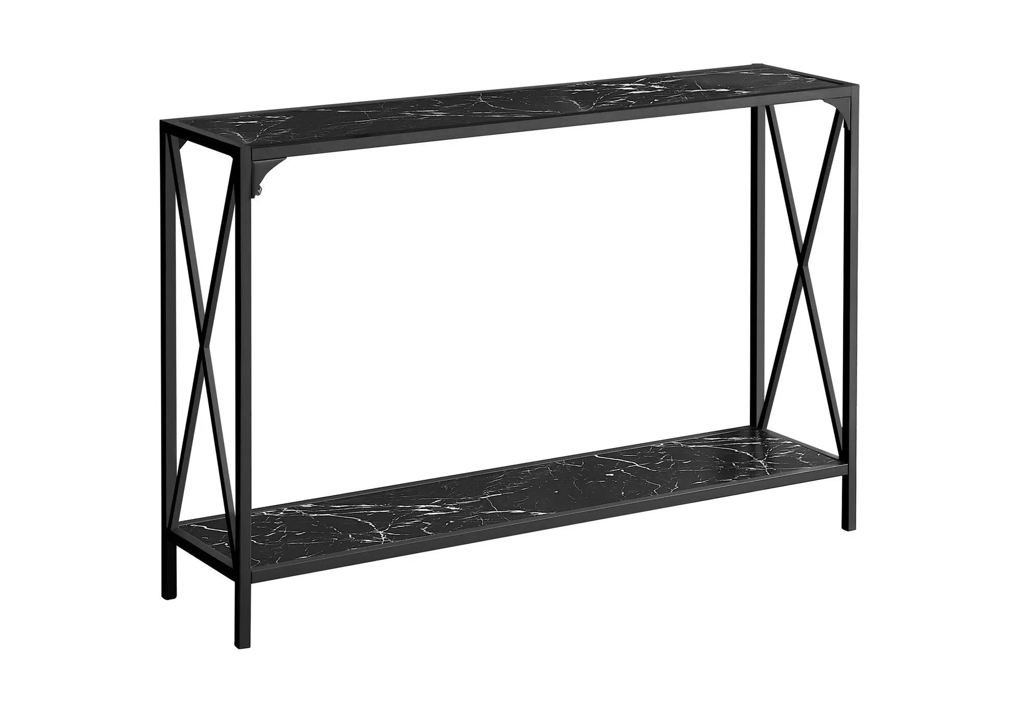 48" Black Wood and Metal Faux Marble Console Table With Shelf Homeroots Living Room