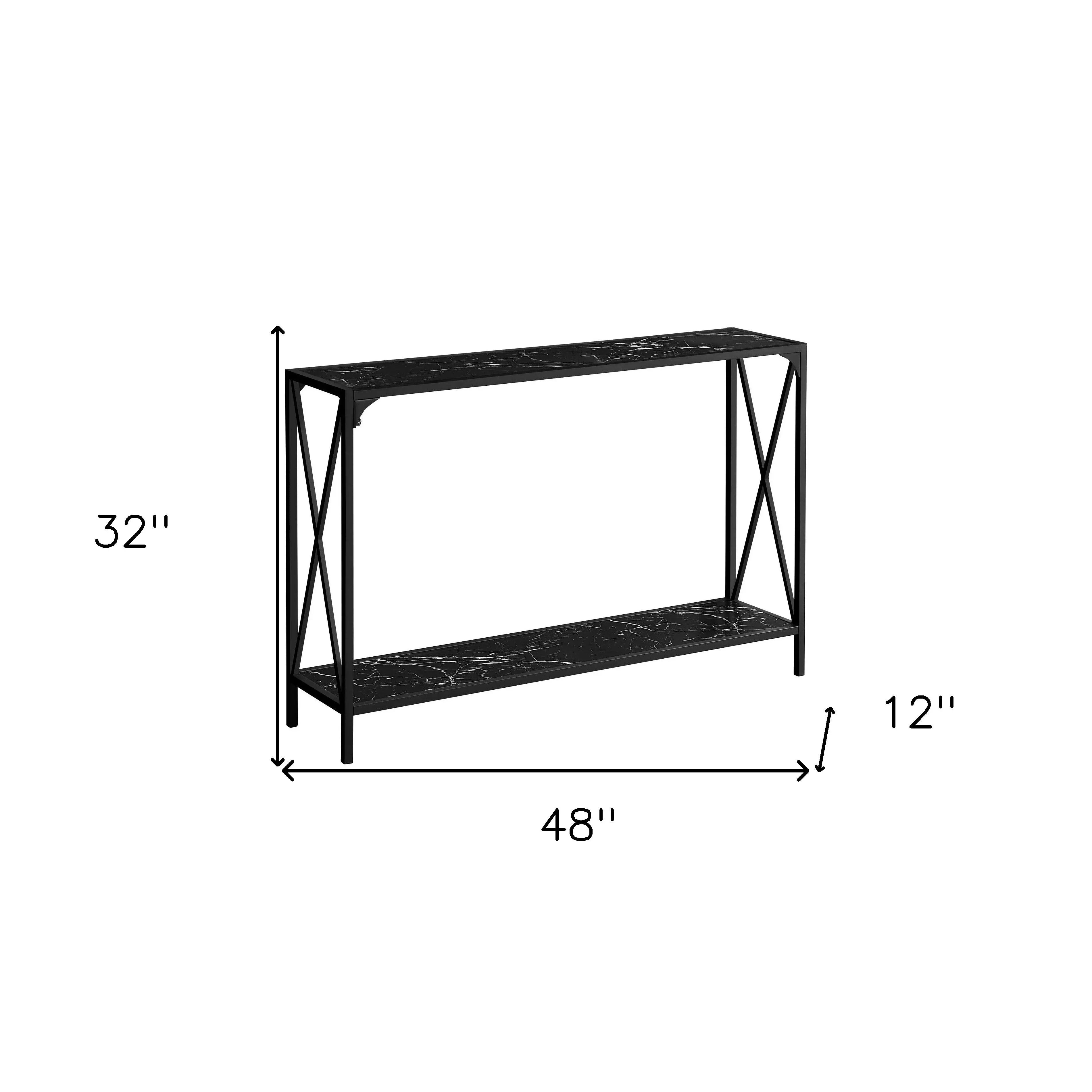 48" Black Wood and Metal Faux Marble Console Table With Shelf Homeroots Living Room
