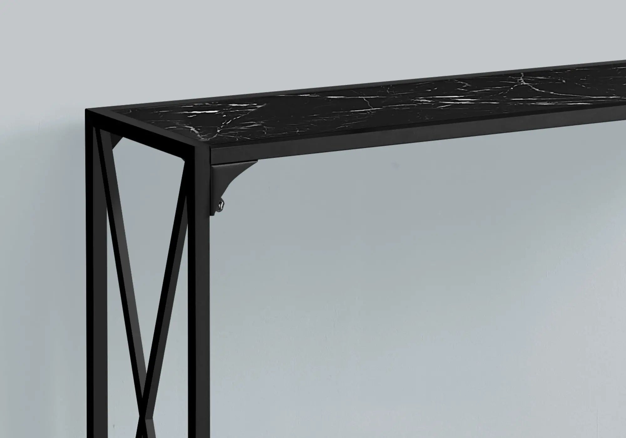 48" Black Wood and Metal Faux Marble Console Table With Shelf Homeroots Living Room